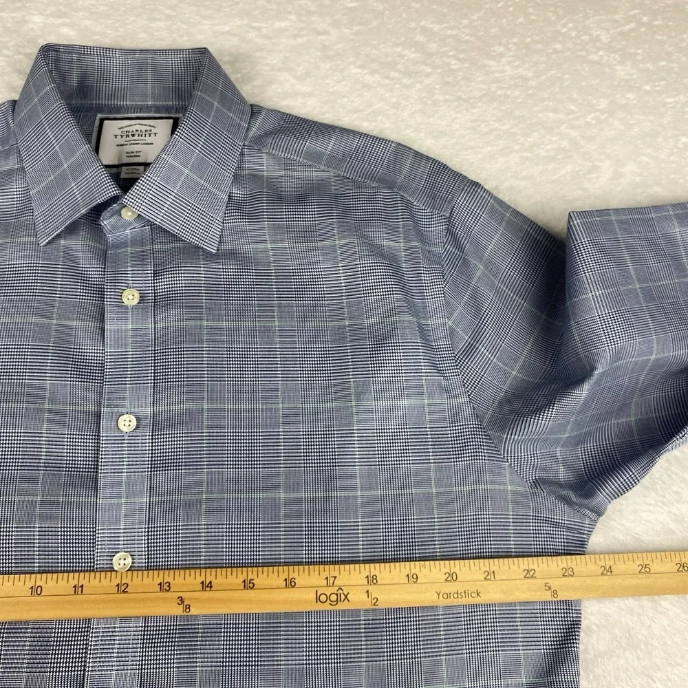 Charles Tyrwhitt Dress Shirt Mens 17-35 Blue/Green Plaid Slim Fit No Iron